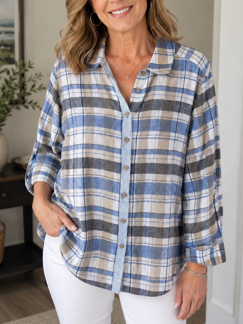 Foxcroft Blue Plaid Linen Button Down Blouse 18W